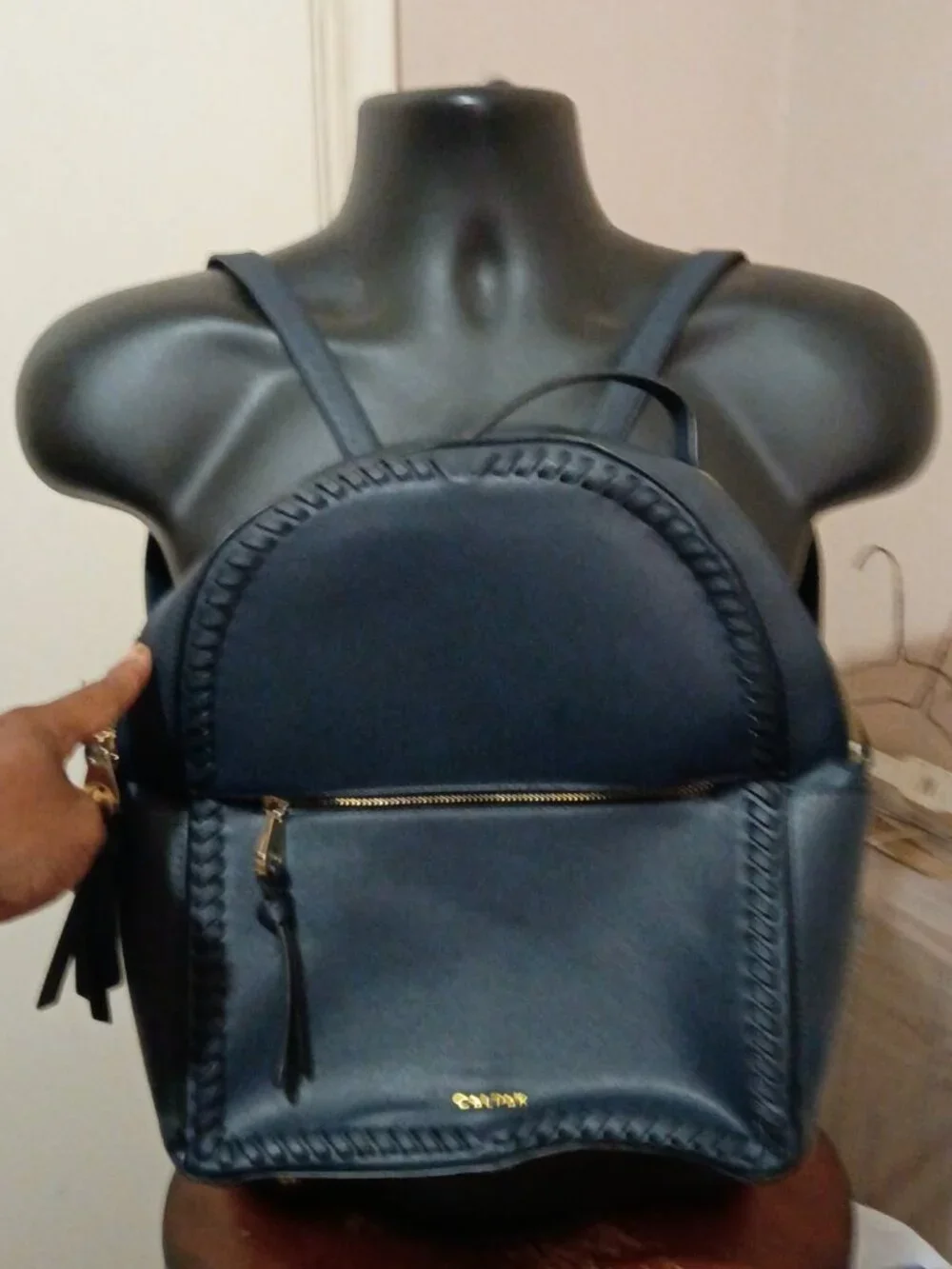 Calpak Kaya Backpack Blue Faux Leather Gold Hardware Trolly Sleeve Side Pockets